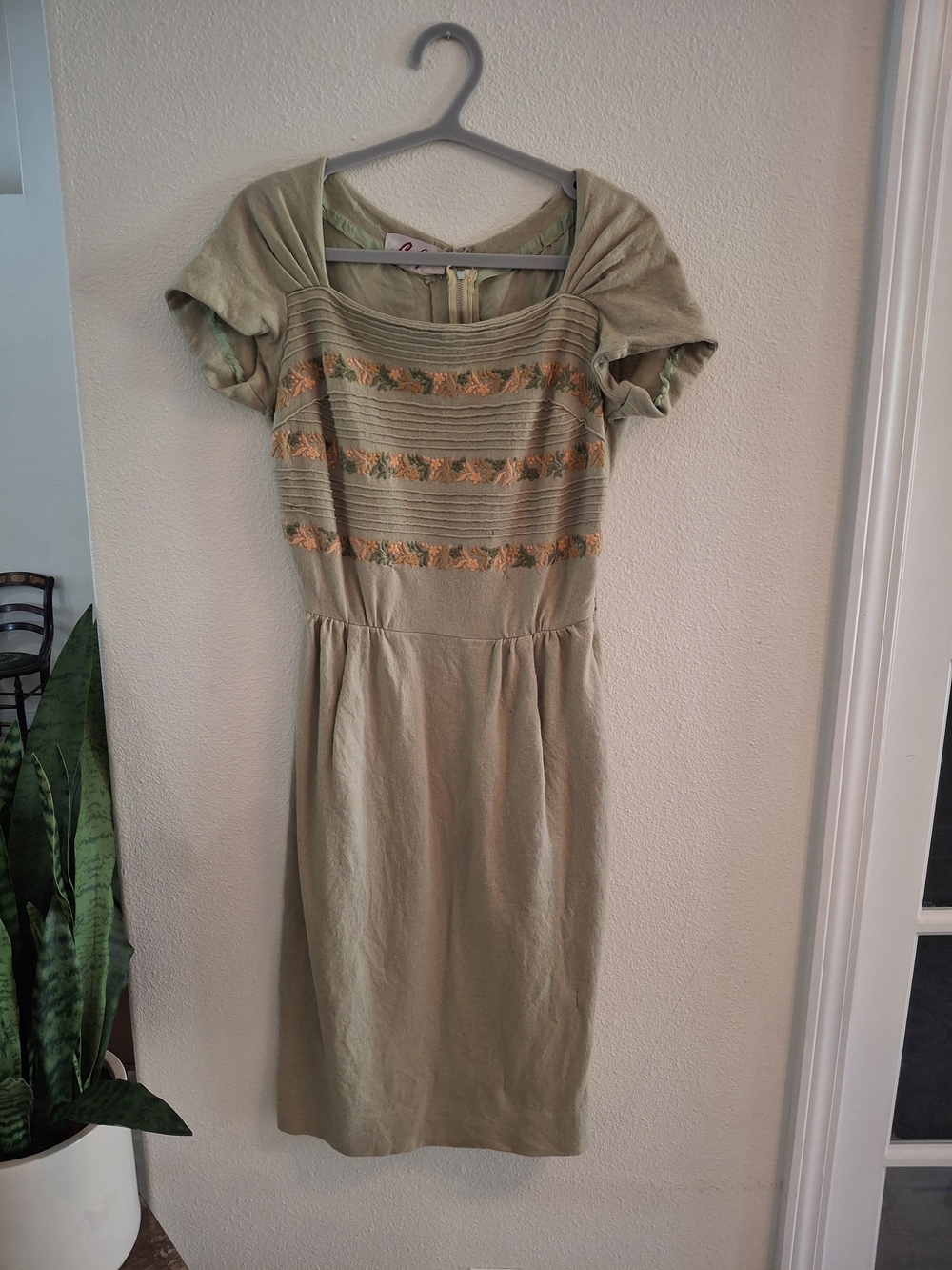 Vintage Carlye Sage Green Embroidered Short Sleeve Mini Dress